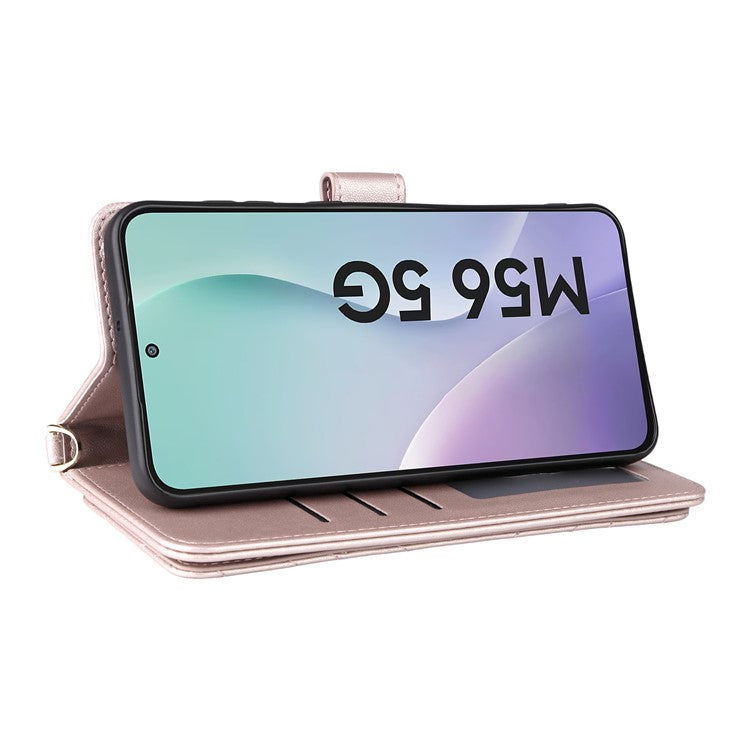 For Samsung Galaxy M56 5G Case with Shoulder / Wrist Strap Leather Phone Cover Stand Wallet - Pink