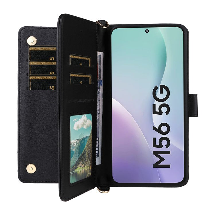 For Samsung Galaxy M56 5G Case with Shoulder / Wrist Strap Leather Phone Cover Stand Wallet - Black