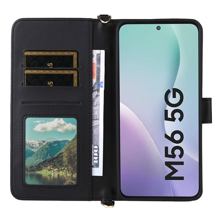 For Samsung Galaxy M56 5G Case with Shoulder / Wrist Strap Leather Phone Cover Stand Wallet - Black