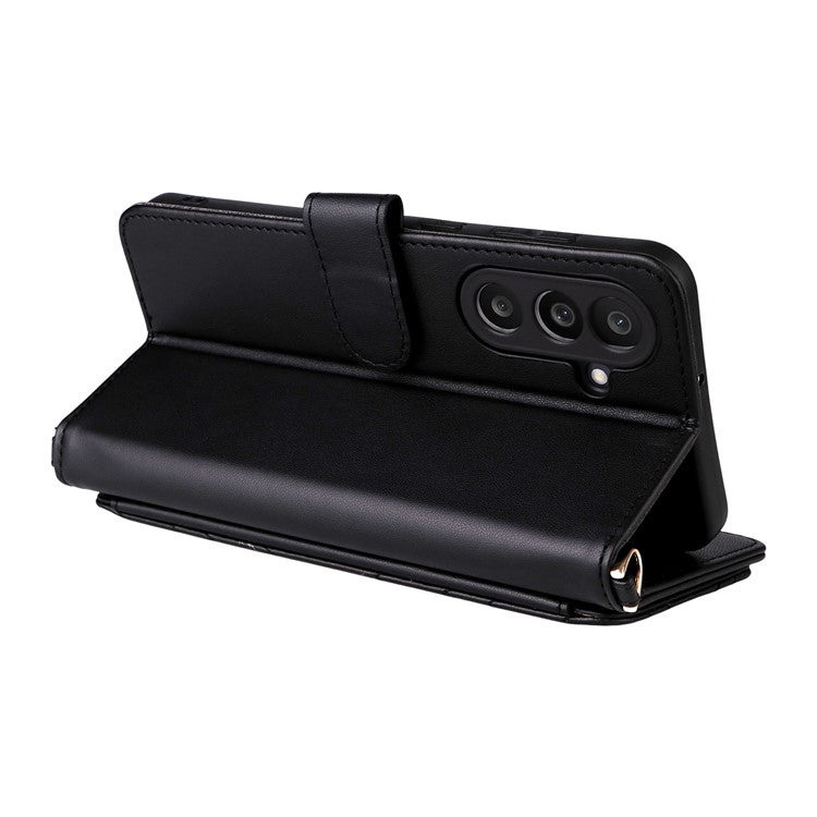 For Samsung Galaxy M56 5G Case with Shoulder / Wrist Strap Leather Phone Cover Stand Wallet - Black