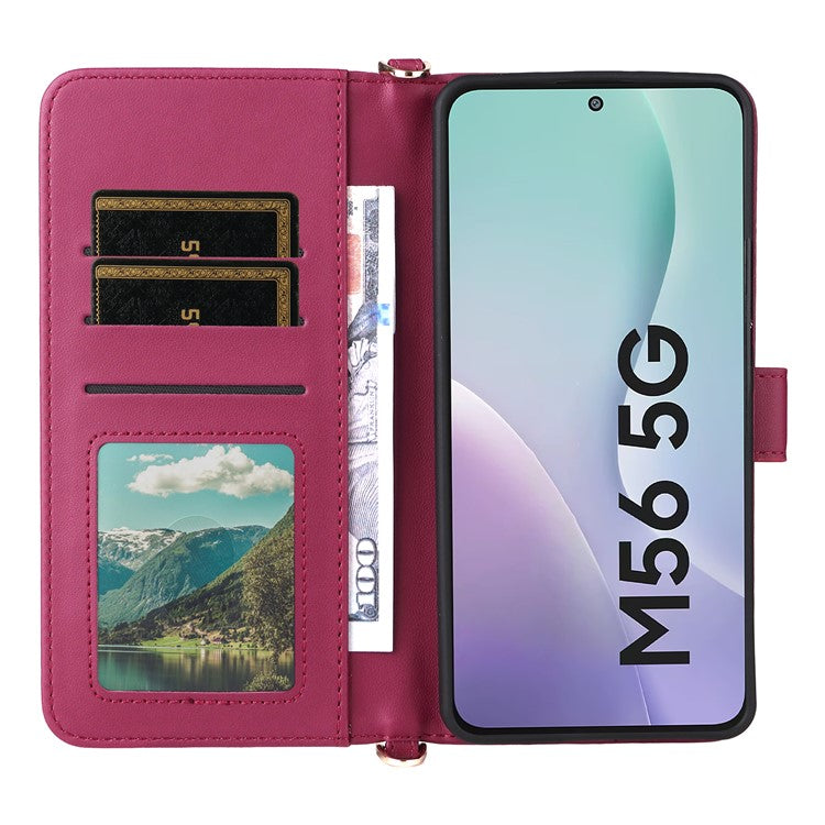 For Samsung Galaxy M56 5G Case with Shoulder / Wrist Strap Leather Phone Cover Stand Wallet - Rose