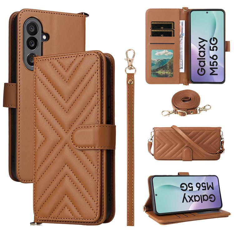 For Samsung Galaxy M56 5G Case with Shoulder / Wrist Strap Leather Phone Cover Stand Wallet - Brown
