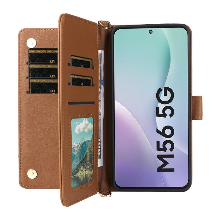 For Samsung Galaxy M56 5G Case with Shoulder / Wrist Strap Leather Phone Cover Stand Wallet - Brown