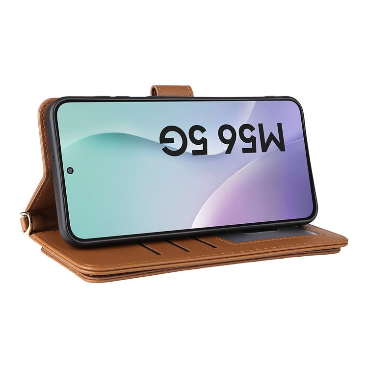 For Samsung Galaxy M56 5G Case with Shoulder / Wrist Strap Leather Phone Cover Stand Wallet - Brown