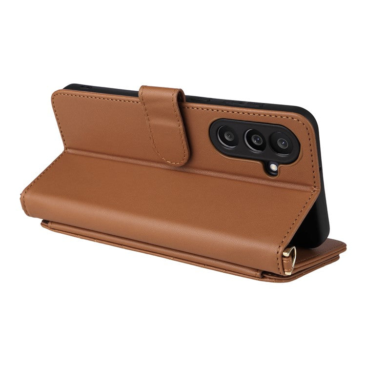 For Samsung Galaxy M56 5G Case with Shoulder / Wrist Strap Leather Phone Cover Stand Wallet - Brown