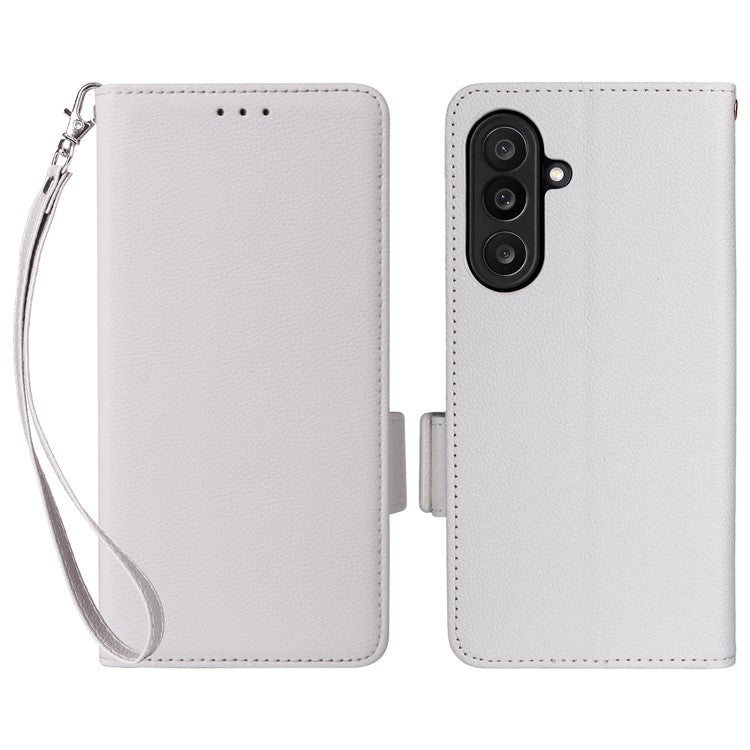 For Samsung Galaxy M56 5G Case with Wrist Strap Litchi Texture PU Leather Wallet Phone Cover - White
