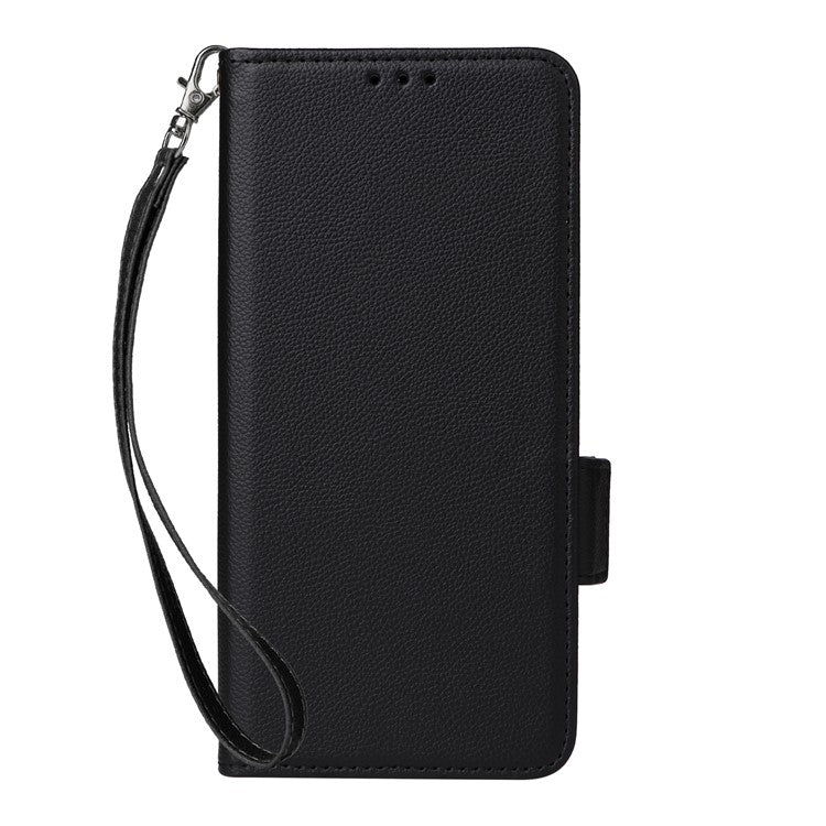 For Samsung Galaxy M56 5G Case with Wrist Strap Litchi Texture PU Leather Wallet Phone Cover - Black