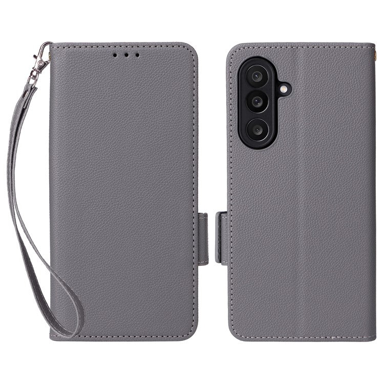For Samsung Galaxy M56 5G Case with Wrist Strap Litchi Texture PU Leather Wallet Phone Cover - Grey