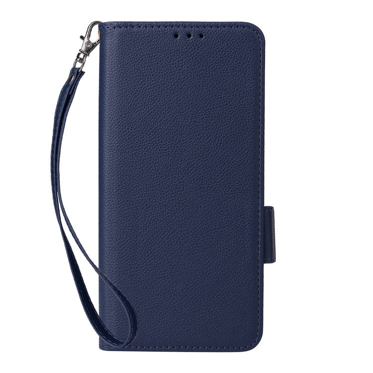 For Samsung Galaxy M56 5G Case with Wrist Strap Litchi Texture PU Leather Wallet Phone Cover - Dark Blue