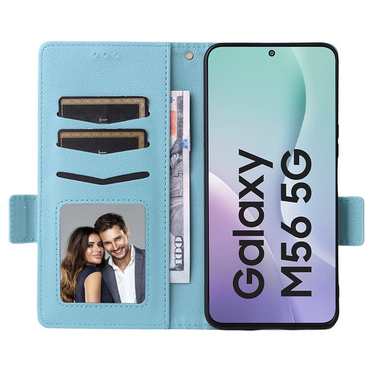 For Samsung Galaxy M56 5G Case with Wrist Strap Litchi Texture PU Leather Wallet Phone Cover - Baby Blue