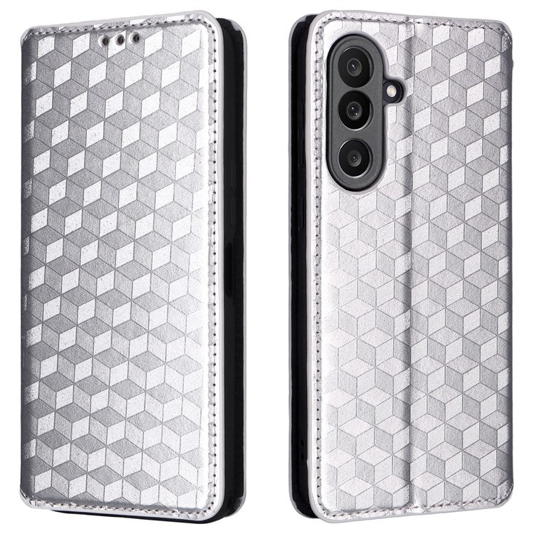 For Samsung Galaxy M56 5G Case Wallet Rhombus Imprinted Leather Phone Cover - Silver