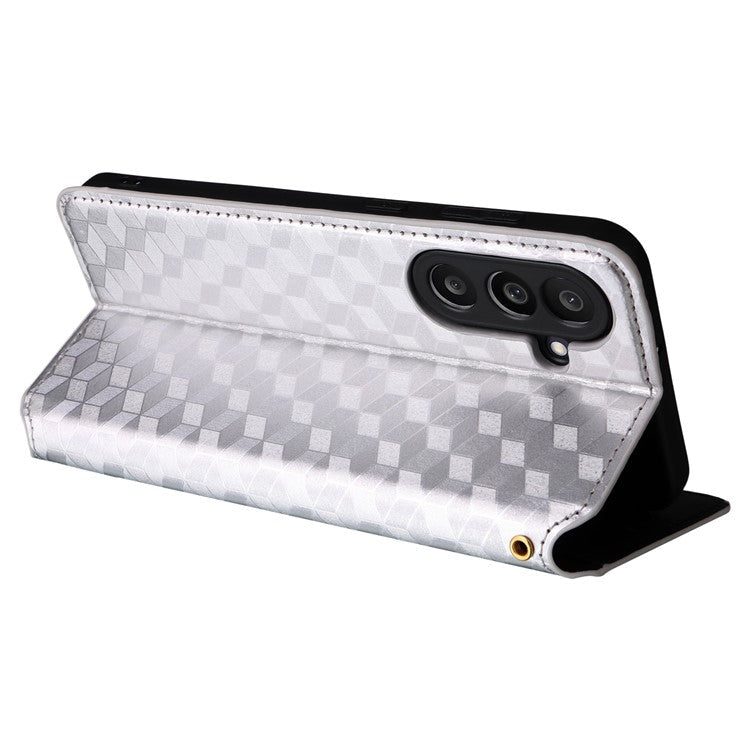 For Samsung Galaxy M56 5G Case Wallet Rhombus Imprinted Leather Phone Cover - Silver