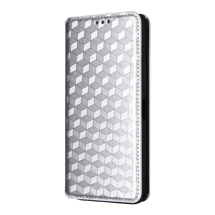 For Samsung Galaxy M56 5G Case Wallet Rhombus Imprinted Leather Phone Cover - Silver