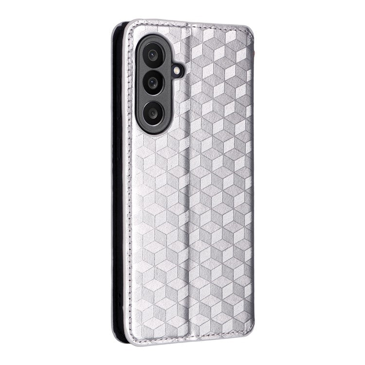For Samsung Galaxy M56 5G Case Wallet Rhombus Imprinted Leather Phone Cover - Silver