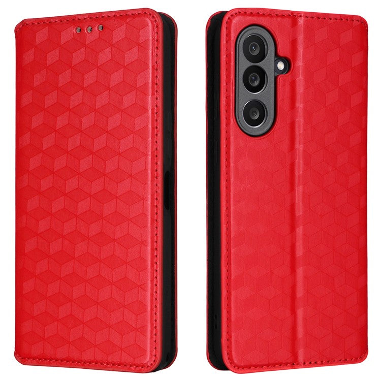 For Samsung Galaxy M56 5G Case Wallet Rhombus Imprinted Leather Phone Cover - Red