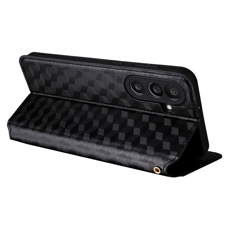 For Samsung Galaxy M56 5G Case Wallet Rhombus Imprinted Leather Phone Cover - Black