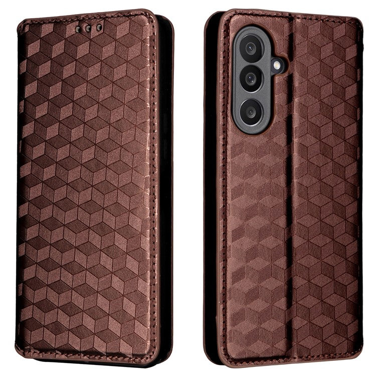For Samsung Galaxy M56 5G Case Wallet Rhombus Imprinted Leather Phone Cover - Brown