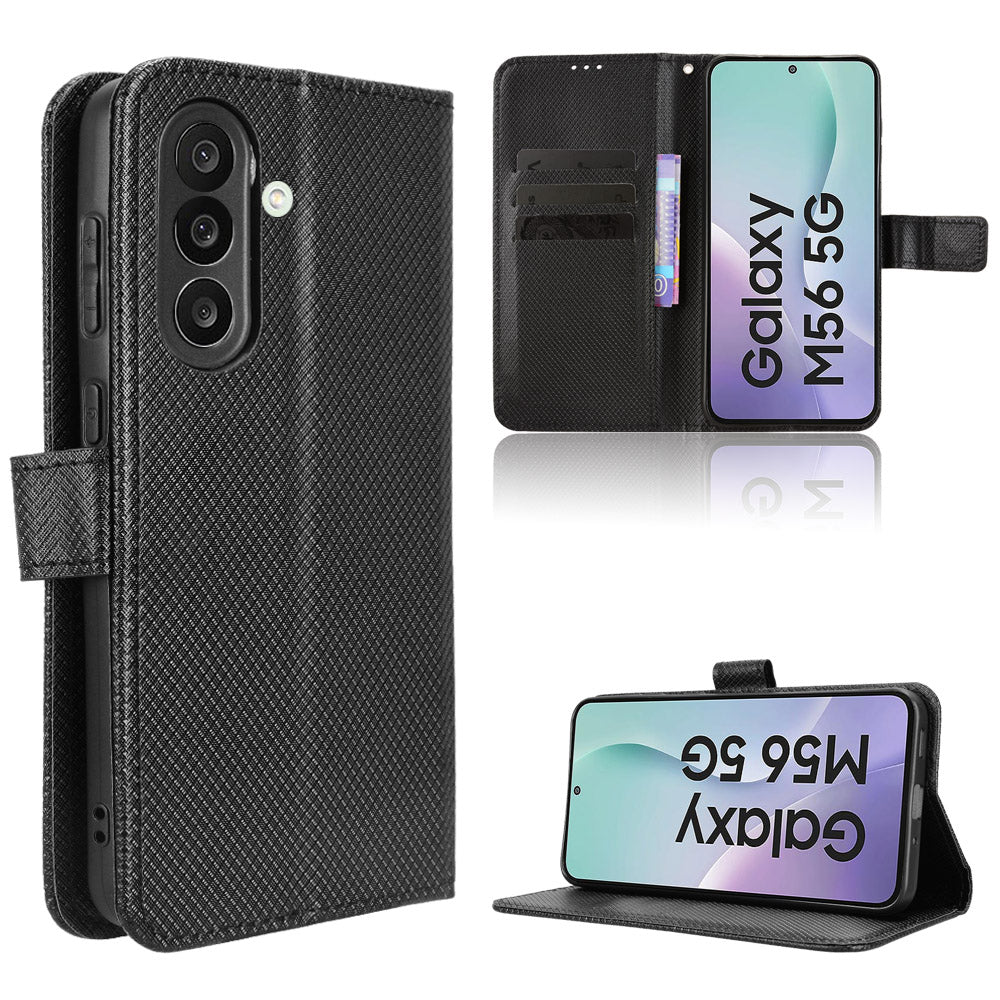 For Samsung Galaxy M56 5G Leather Wallet Case with Strap Diamond Texture Phone Cover - Black
