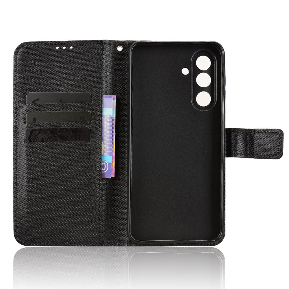 For Samsung Galaxy M56 5G Leather Wallet Case with Strap Diamond Texture Phone Cover - Black
