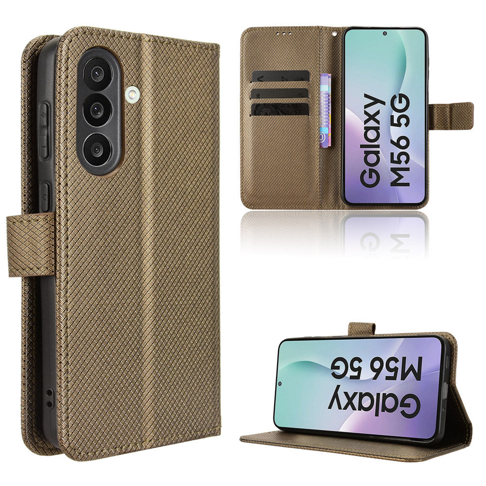 For Samsung Galaxy M56 5G Leather Wallet Case with Strap Diamond Texture Phone Cover - Brown