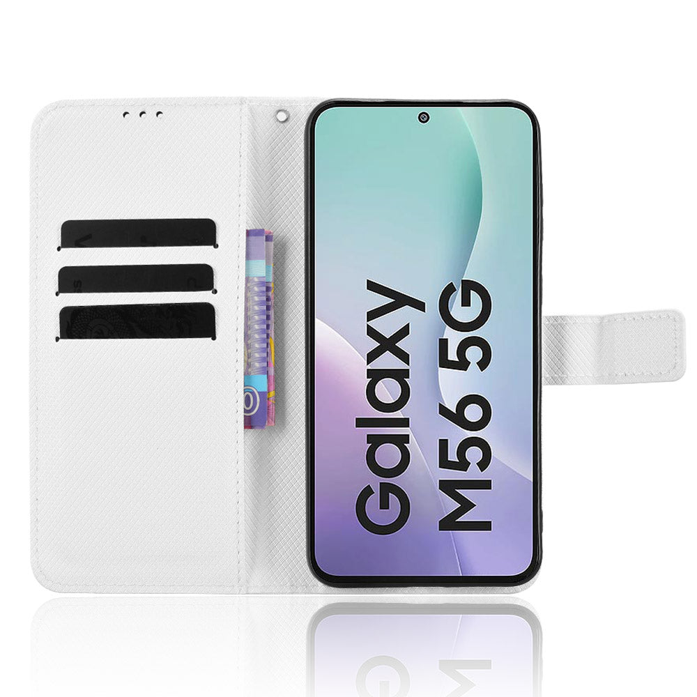 For Samsung Galaxy M56 5G Leather Wallet Case with Strap Diamond Texture Phone Cover - White