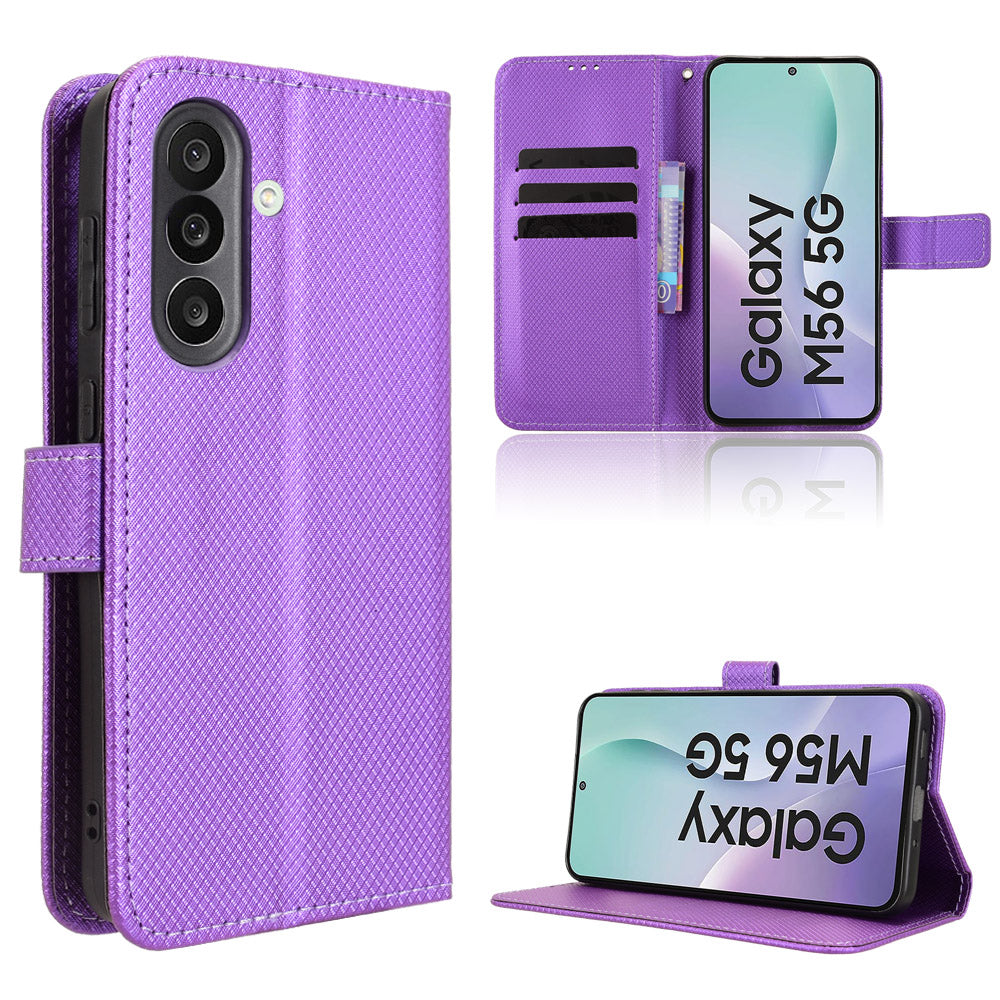 For Samsung Galaxy M56 5G Leather Wallet Case with Strap Diamond Texture Phone Cover - Purple