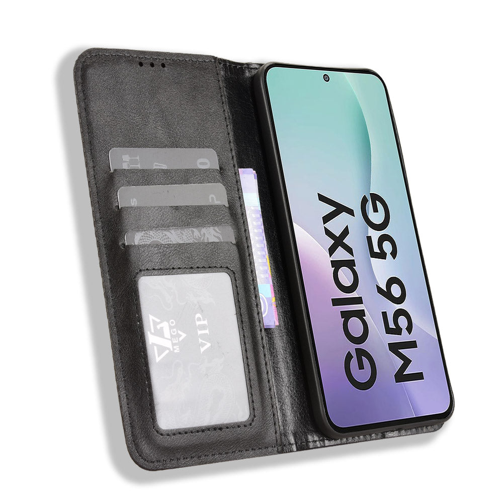 For Samsung Galaxy M56 5G Leather Case Wallet Stand Retro Texture Phone Cover - Black