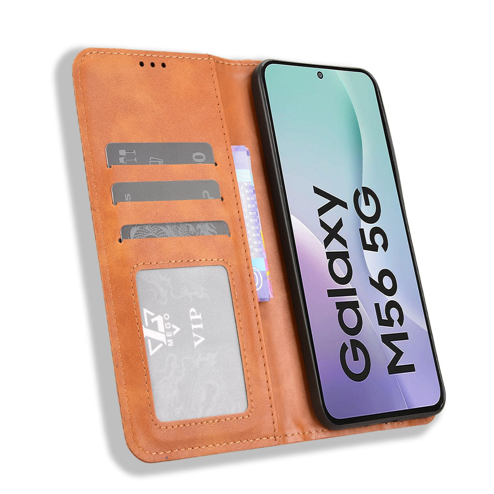 For Samsung Galaxy M56 5G Leather Case Wallet Stand Retro Texture Phone Cover - Brown
