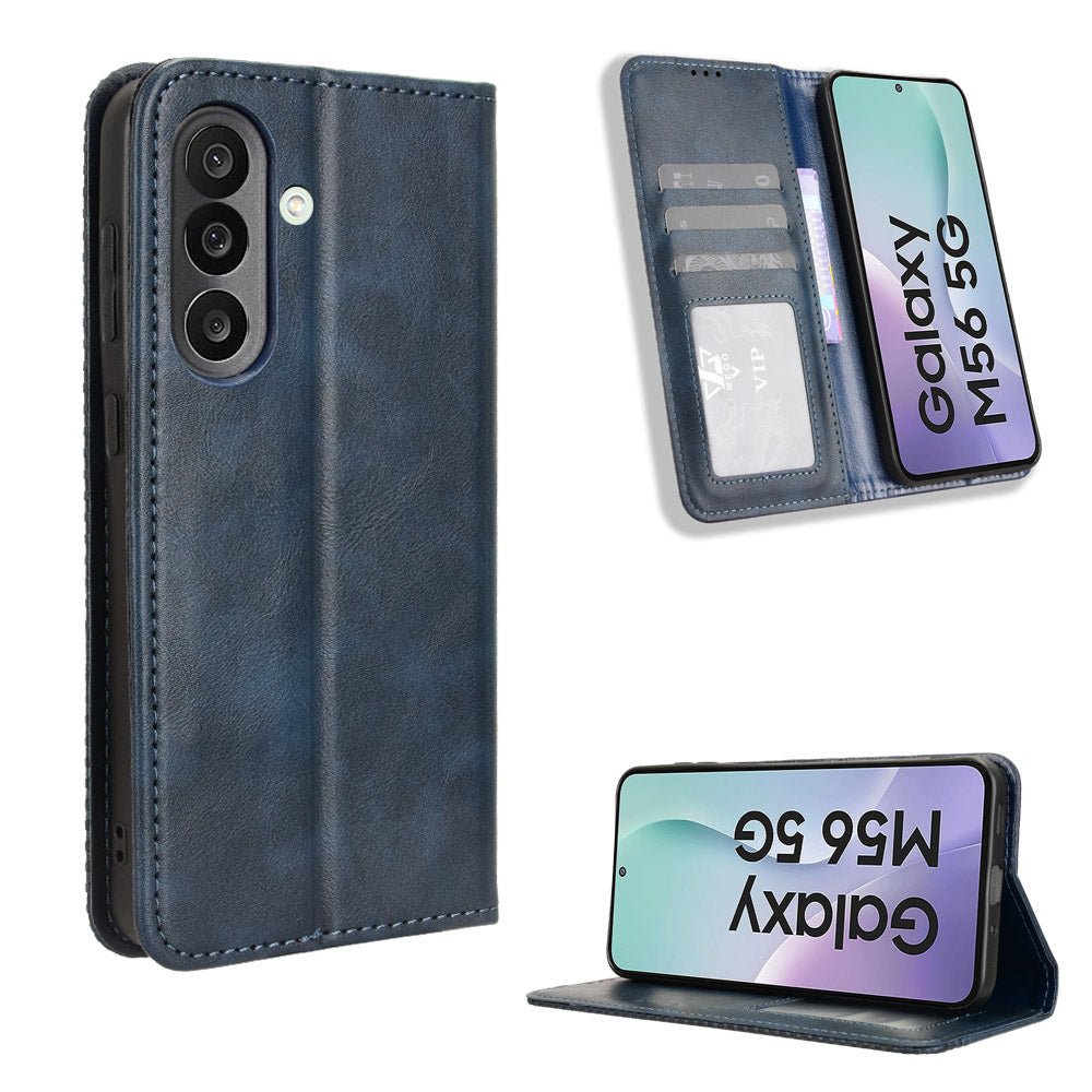 For Samsung Galaxy M56 5G Leather Case Wallet Stand Retro Texture Phone Cover - Blue