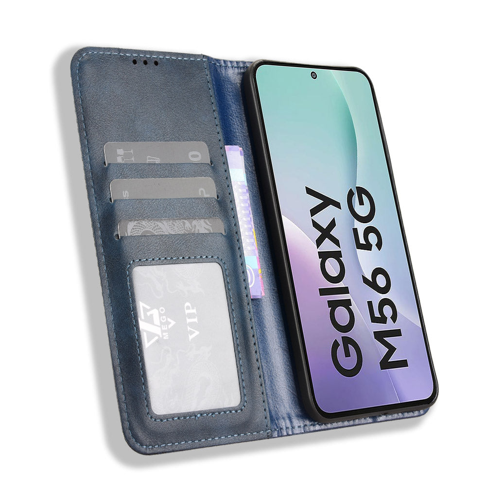 For Samsung Galaxy M56 5G Leather Case Wallet Stand Retro Texture Phone Cover - Blue