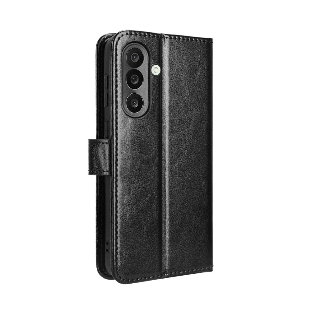 For Samsung Galaxy M56 5G PU Leather Case with Strap Crazy Horse Texture Phone Wallet Cover - Black