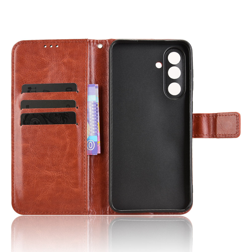 For Samsung Galaxy M56 5G PU Leather Case with Strap Crazy Horse Texture Phone Wallet Cover - Brown