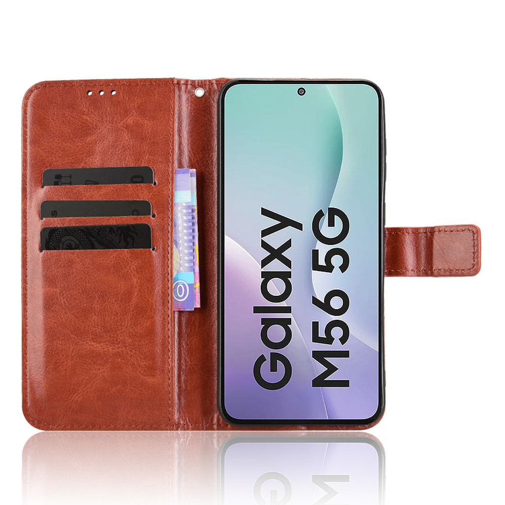 For Samsung Galaxy M56 5G PU Leather Case with Strap Crazy Horse Texture Phone Wallet Cover - Brown