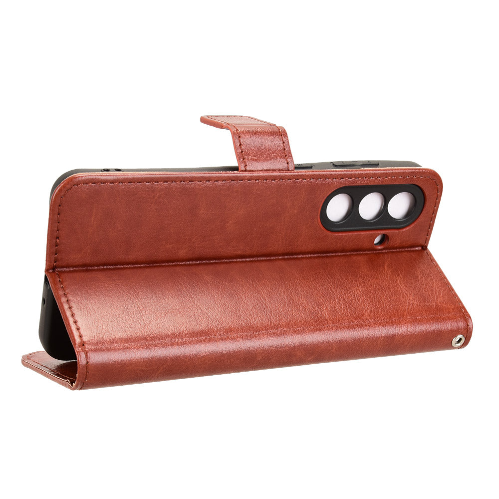For Samsung Galaxy M56 5G PU Leather Case with Strap Crazy Horse Texture Phone Wallet Cover - Brown
