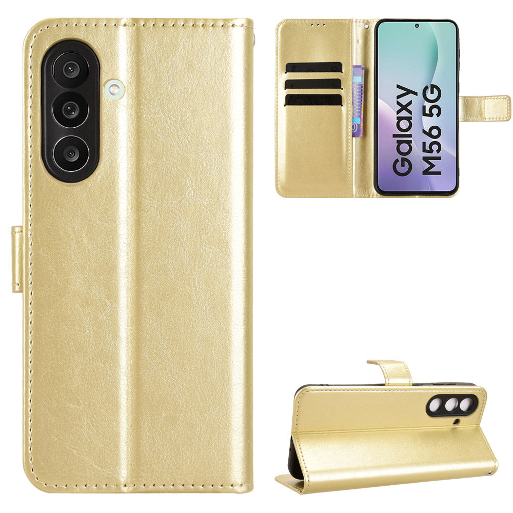 For Samsung Galaxy M56 5G PU Leather Case with Strap Crazy Horse Texture Phone Wallet Cover - Gold