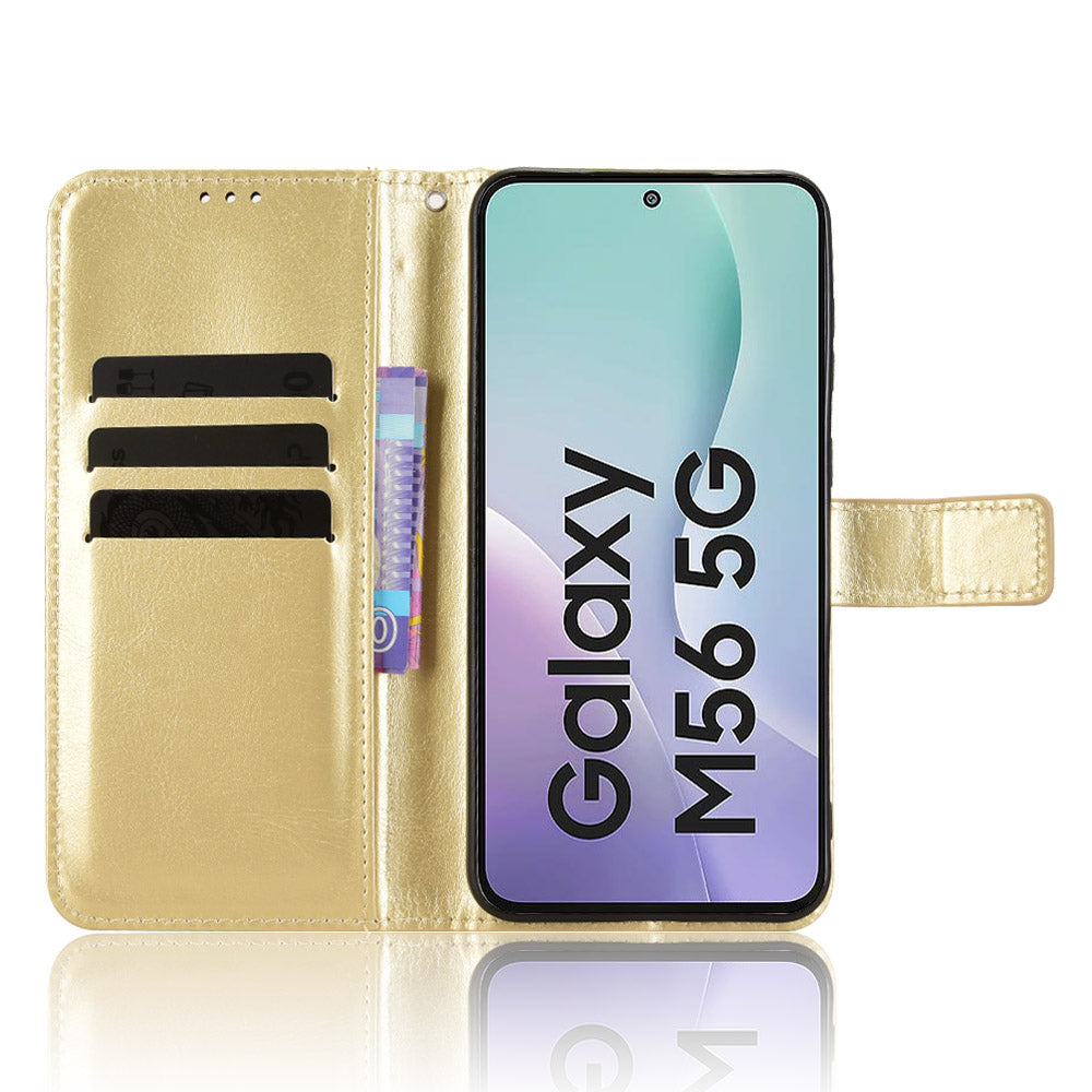 For Samsung Galaxy M56 5G PU Leather Case with Strap Crazy Horse Texture Phone Wallet Cover - Gold