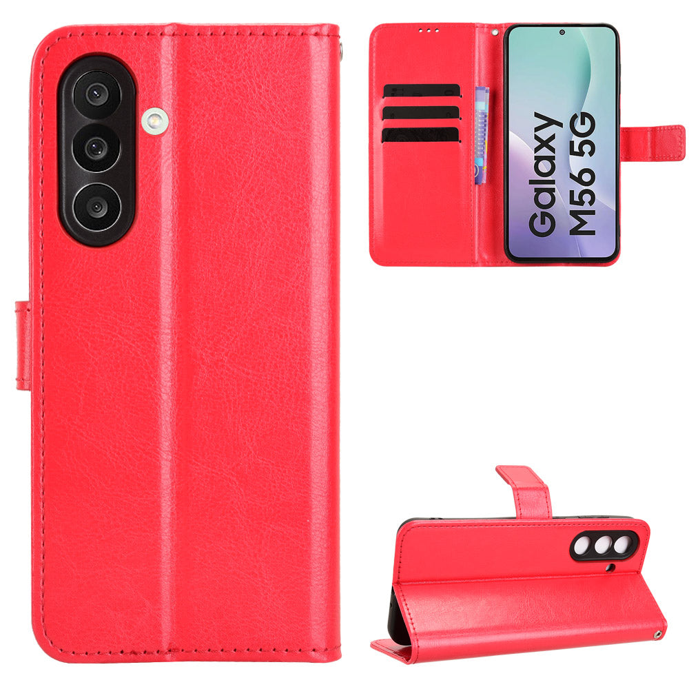 For Samsung Galaxy M56 5G PU Leather Case with Strap Crazy Horse Texture Phone Wallet Cover - Red