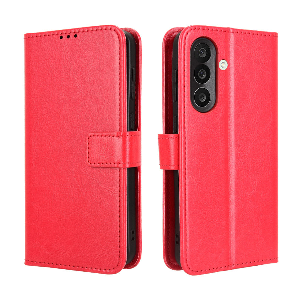 For Samsung Galaxy M56 5G PU Leather Case with Strap Crazy Horse Texture Phone Wallet Cover - Red