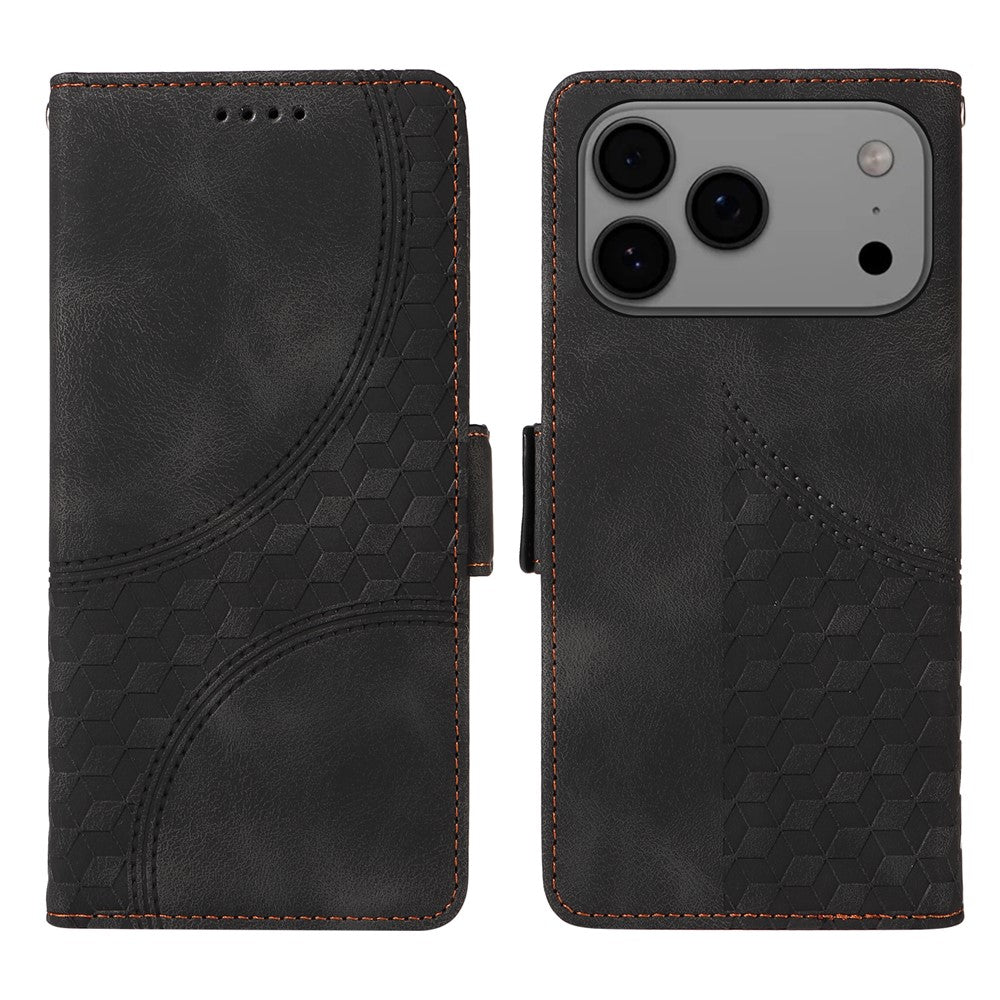 For iPhone 17 Pro Max Leather Cases Wallet Rhombus Imprinted Phone Cover Stand with Strap - Black