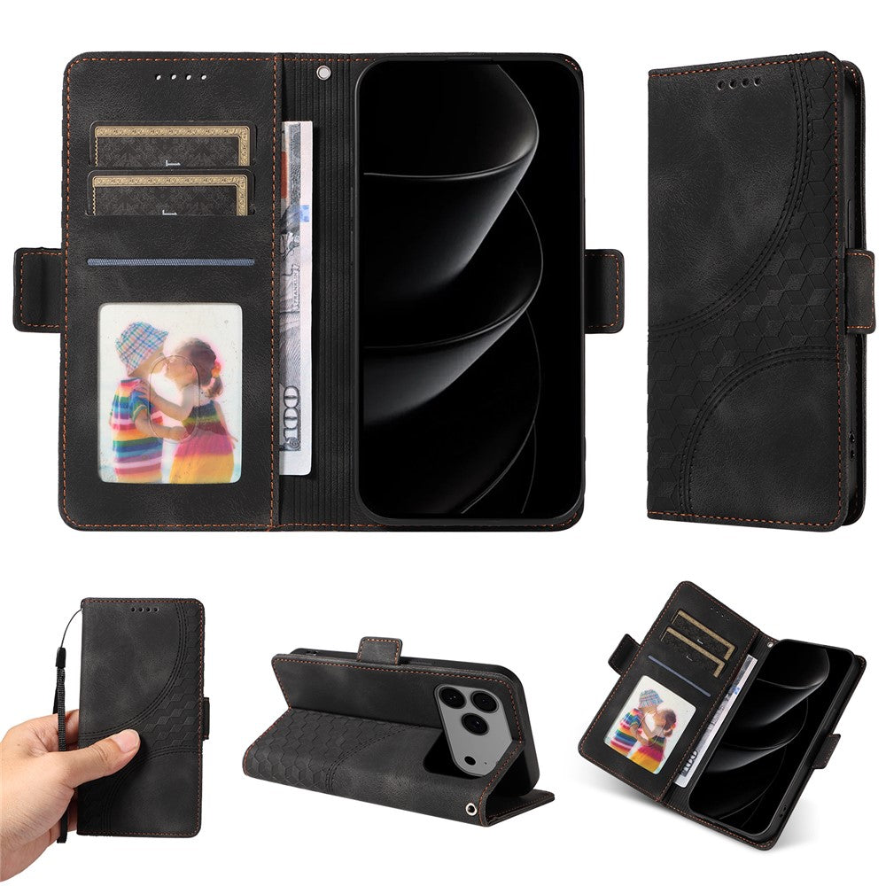For iPhone 17 Pro Max Leather Cases Wallet Rhombus Imprinted Phone Cover Stand with Strap - Black