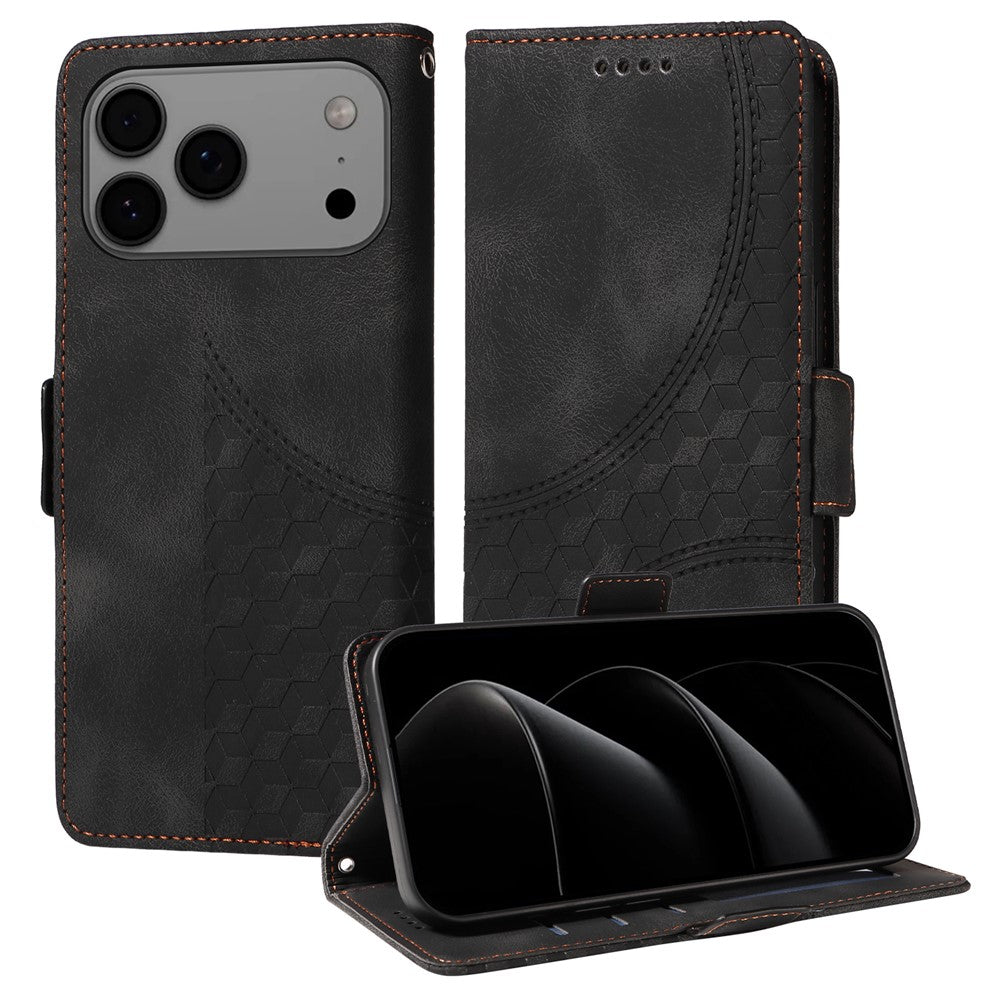 For iPhone 17 Pro Max Leather Cases Wallet Rhombus Imprinted Phone Cover Stand with Strap - Black