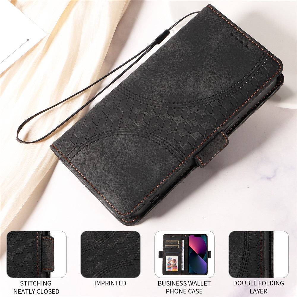 For iPhone 17 Pro Max Leather Cases Wallet Rhombus Imprinted Phone Cover Stand with Strap - Black