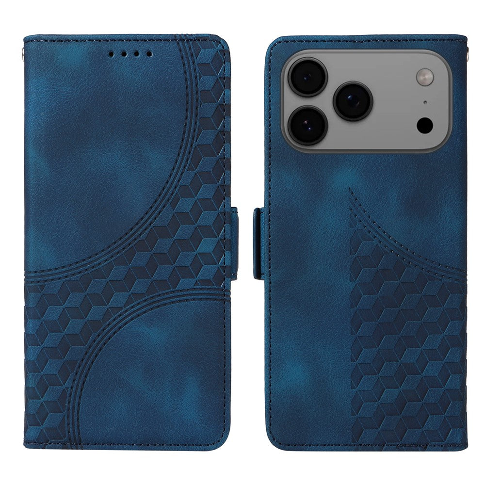For iPhone 17 Pro Max Leather Cases Wallet Rhombus Imprinted Phone Cover Stand with Strap - Blue