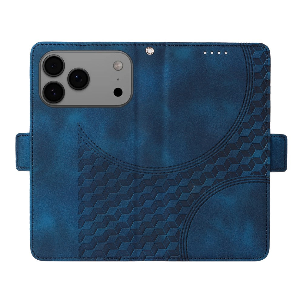 For iPhone 17 Pro Max Leather Cases Wallet Rhombus Imprinted Phone Cover Stand with Strap - Blue