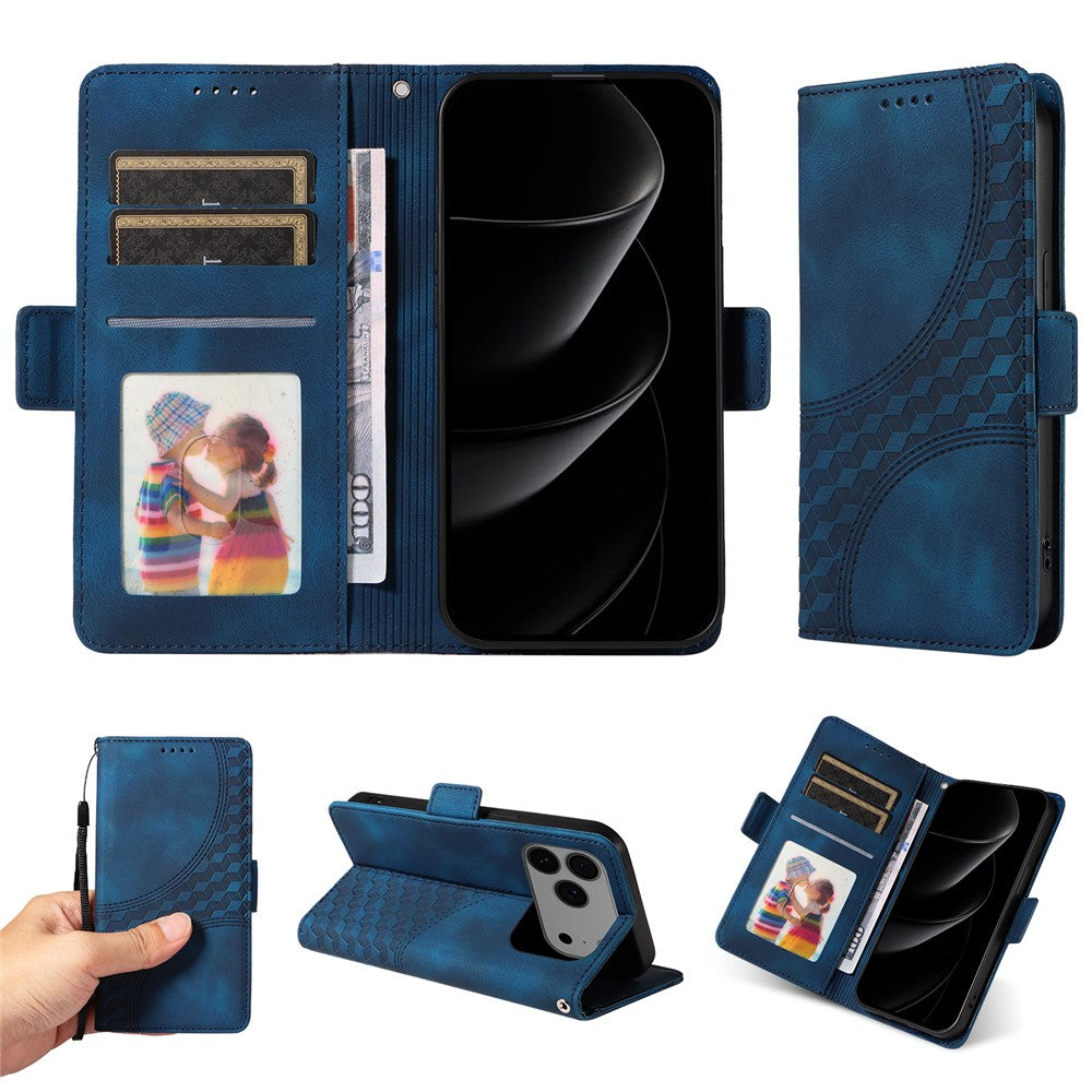 For iPhone 17 Pro Max Leather Cases Wallet Rhombus Imprinted Phone Cover Stand with Strap - Blue