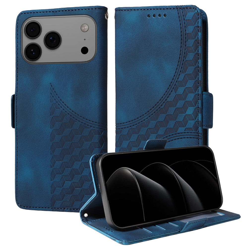 For iPhone 17 Pro Max Leather Cases Wallet Rhombus Imprinted Phone Cover Stand with Strap - Blue