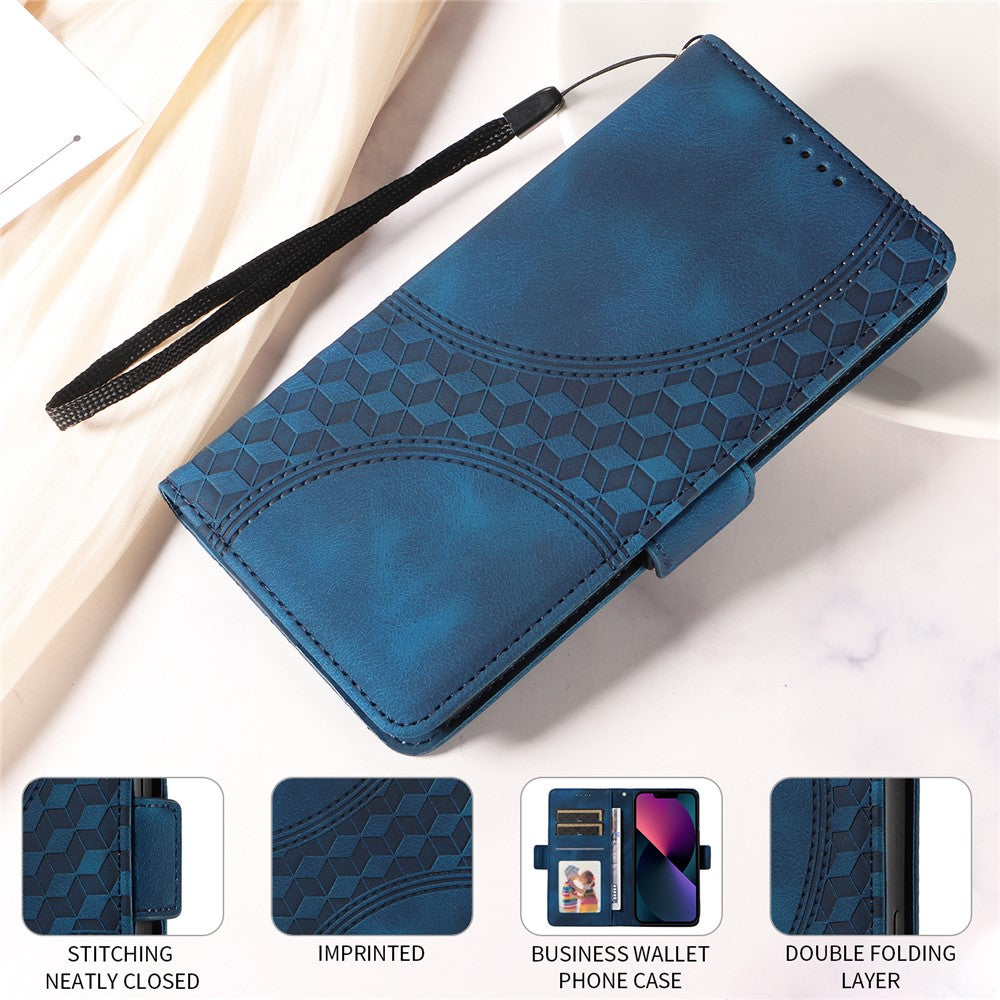 For iPhone 17 Pro Max Leather Cases Wallet Rhombus Imprinted Phone Cover Stand with Strap - Blue