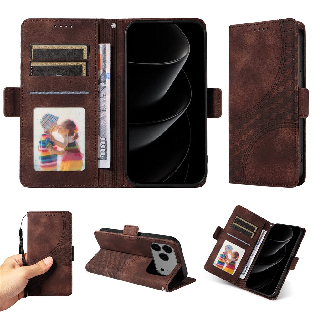 For iPhone 17 Pro Max Leather Cases Wallet Rhombus Imprinted Phone Cover Stand with Strap - Brown