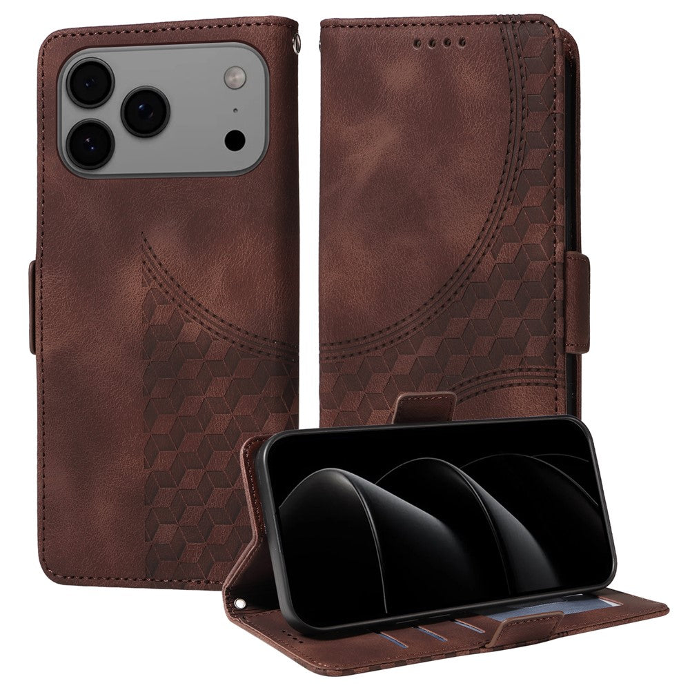 For iPhone 17 Pro Max Leather Cases Wallet Rhombus Imprinted Phone Cover Stand with Strap - Brown