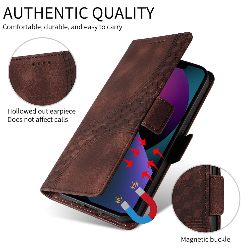 For iPhone 17 Pro Max Leather Cases Wallet Rhombus Imprinted Phone Cover Stand with Strap - Brown